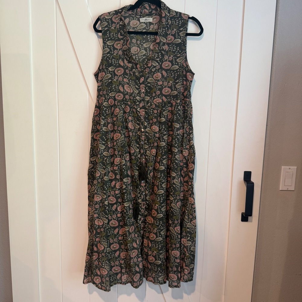Natural Life Floral Cotton Midi Dress Women's Large Green Botanical Floral Print